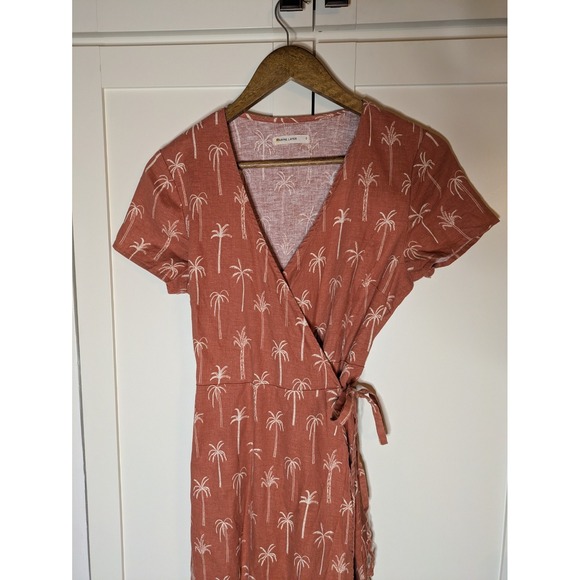 Marine Layer Hemp Burnt‎ Orange Short Sleeve Palm Tree Midi Wrap Dress Small - Picture 3 of 14